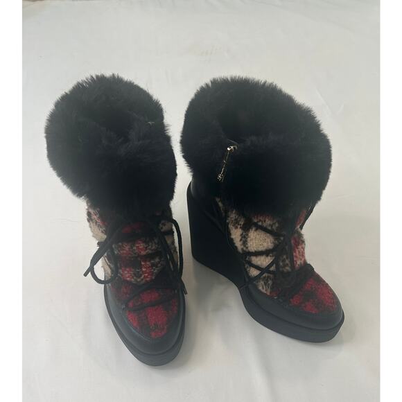 Jessica Simpson women's Wedge Red Plaid with Black Fur Boots - Picture 1 of 4